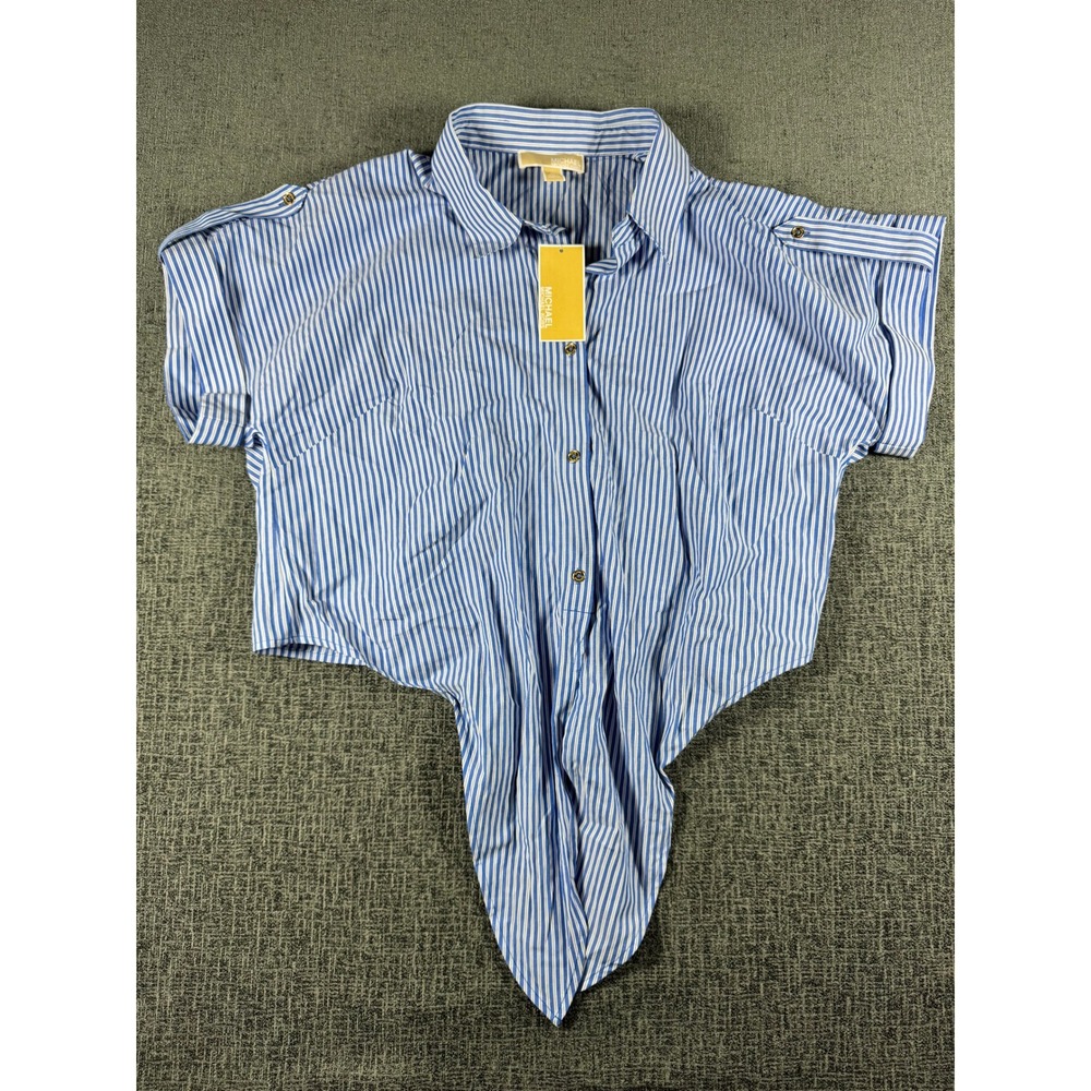 Michael Kors Womens XL Grecian Blue Striped Tie Front Button Up Blouse